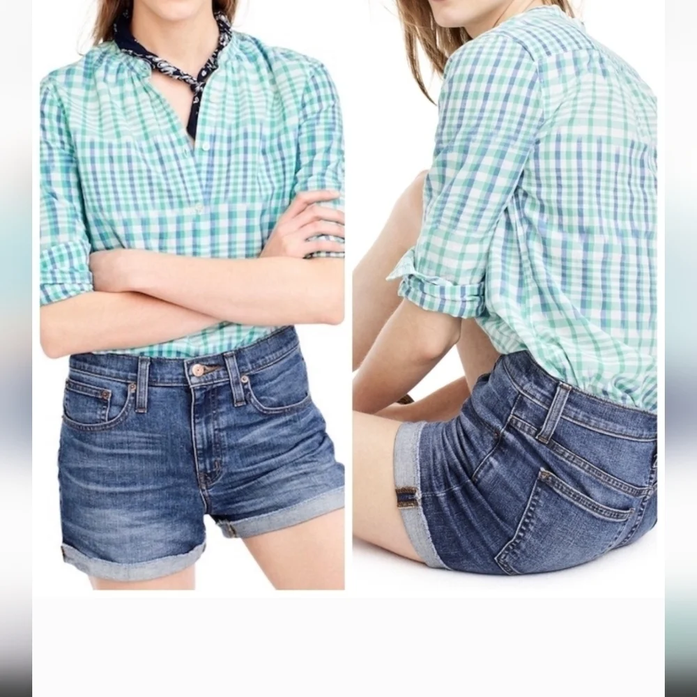 J.Crew Woman's  Gingham Half Button Up  Long Sleeve Size 8